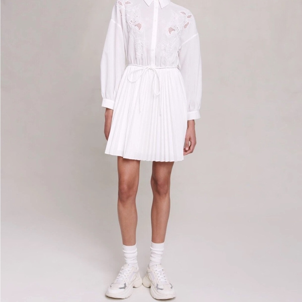 Maje White Pleated Midi Dress with Bishop Sleeves